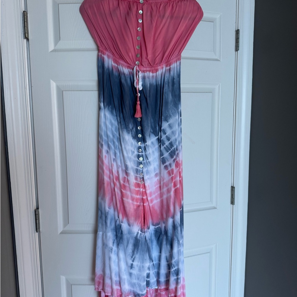 Pink and Blue Tie-Dye Strapless Dress